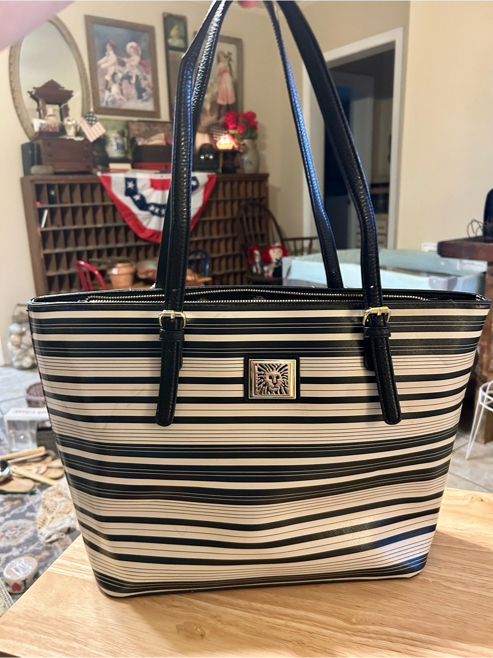 Anne Klein Perfect Tote Black White Stripe Small Shopper EUC
